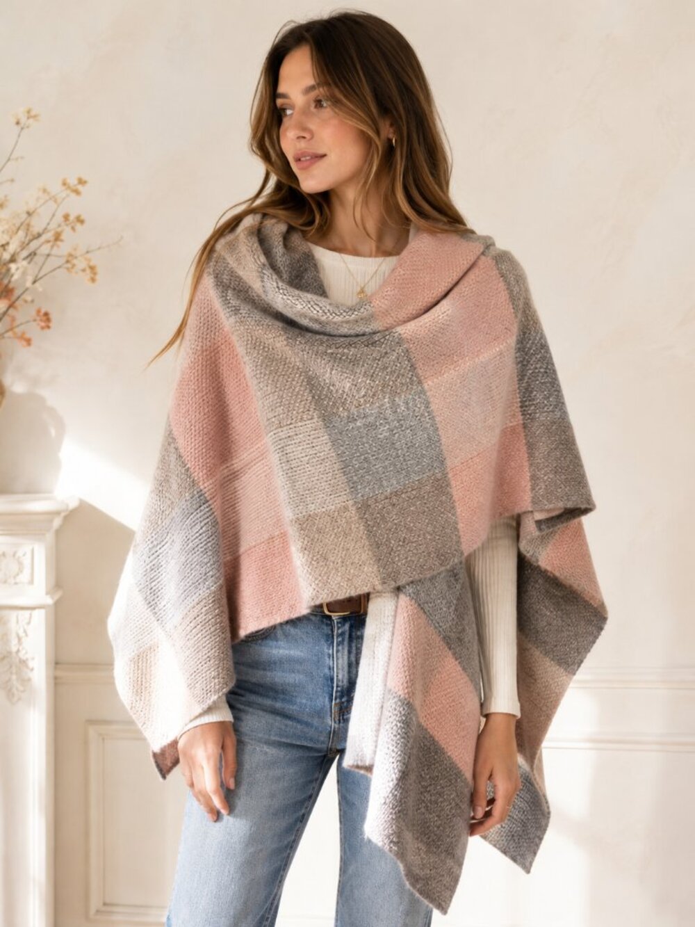 Womens Plaid Poncho Wrap OS Pink Gray Oversized Soft Shawl Cape Cozy Blanket Sca